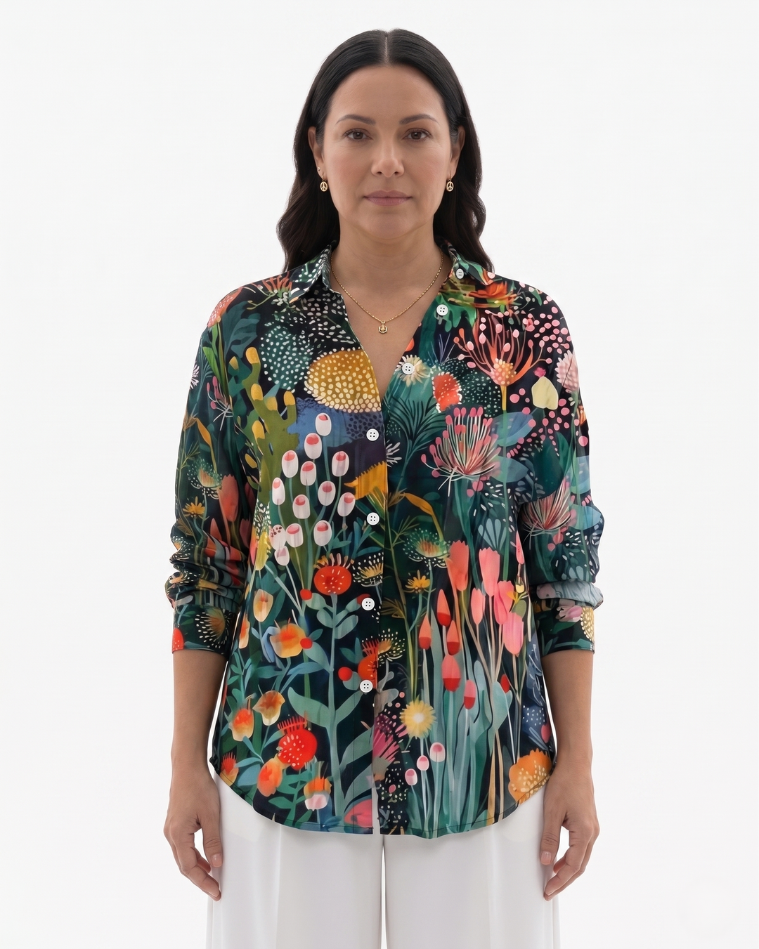 Womens Button-Through Blouse Printed Relaxed Fit