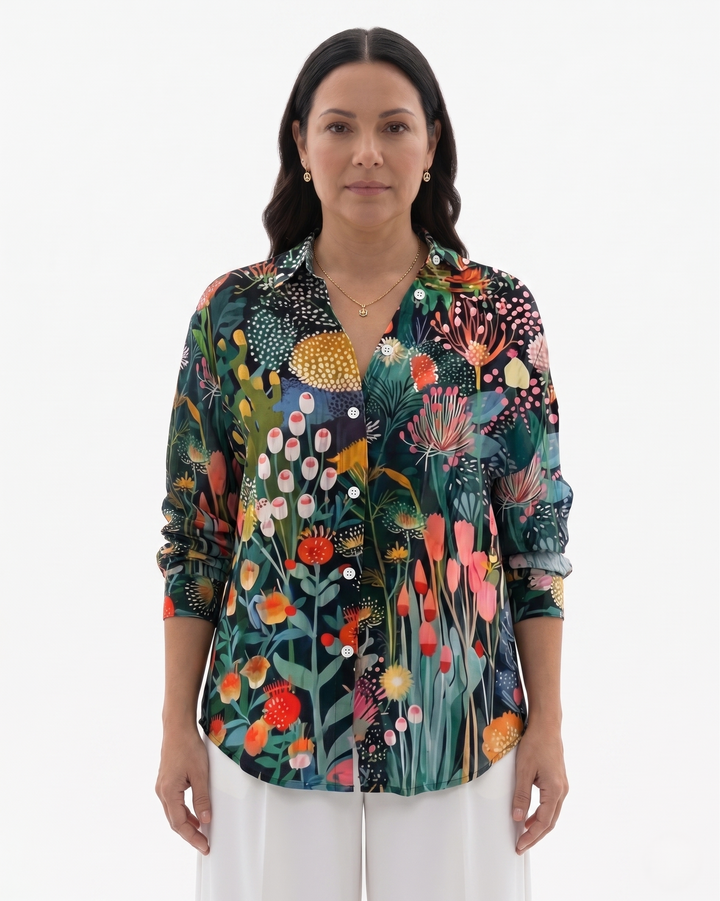 Womens Button-Through Blouse Printed Relaxed Fit