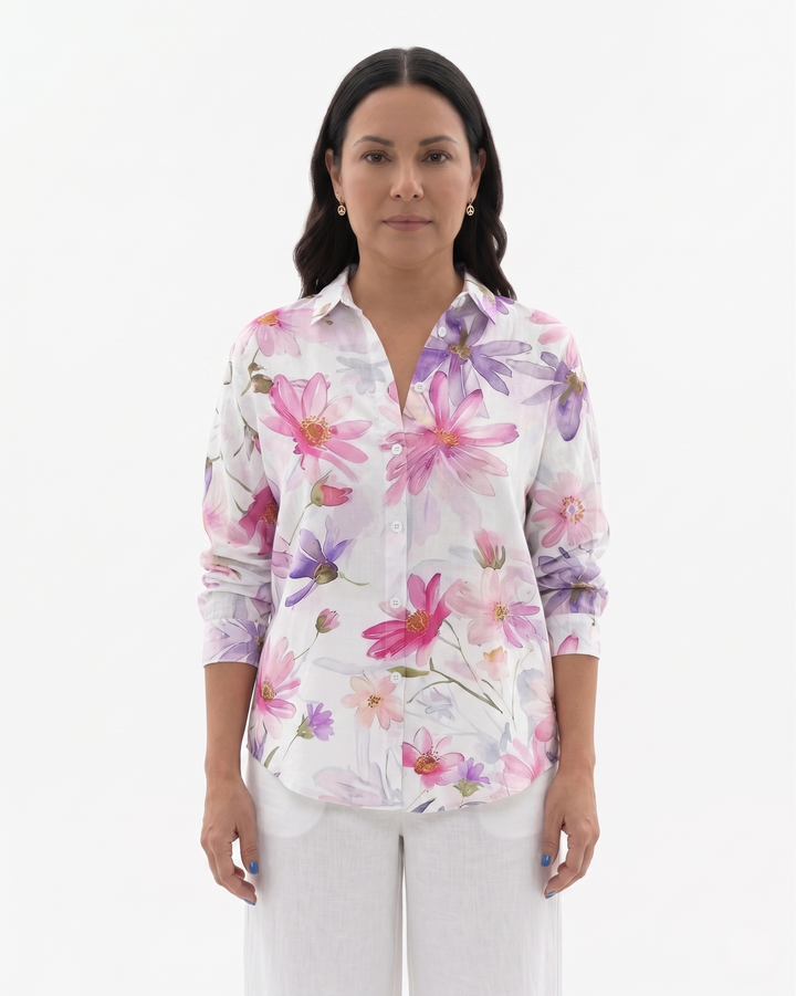 Womens Button-Through Blouse Printed Relaxed Fit
