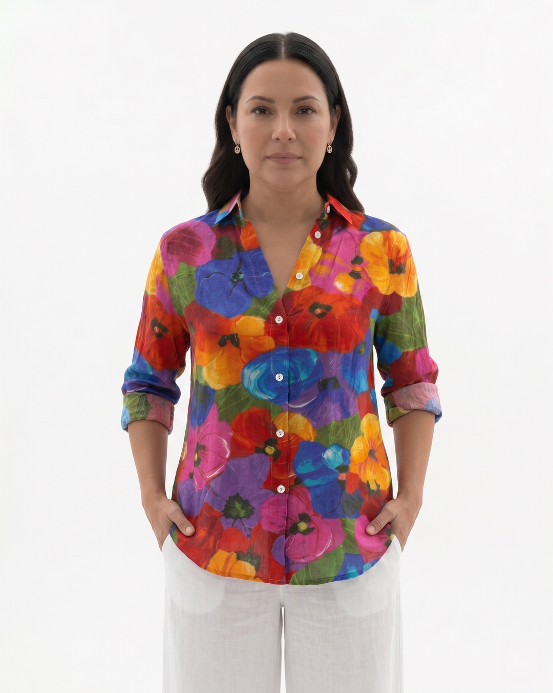 Womens Button-Through Blouse Printed Relaxed Fit