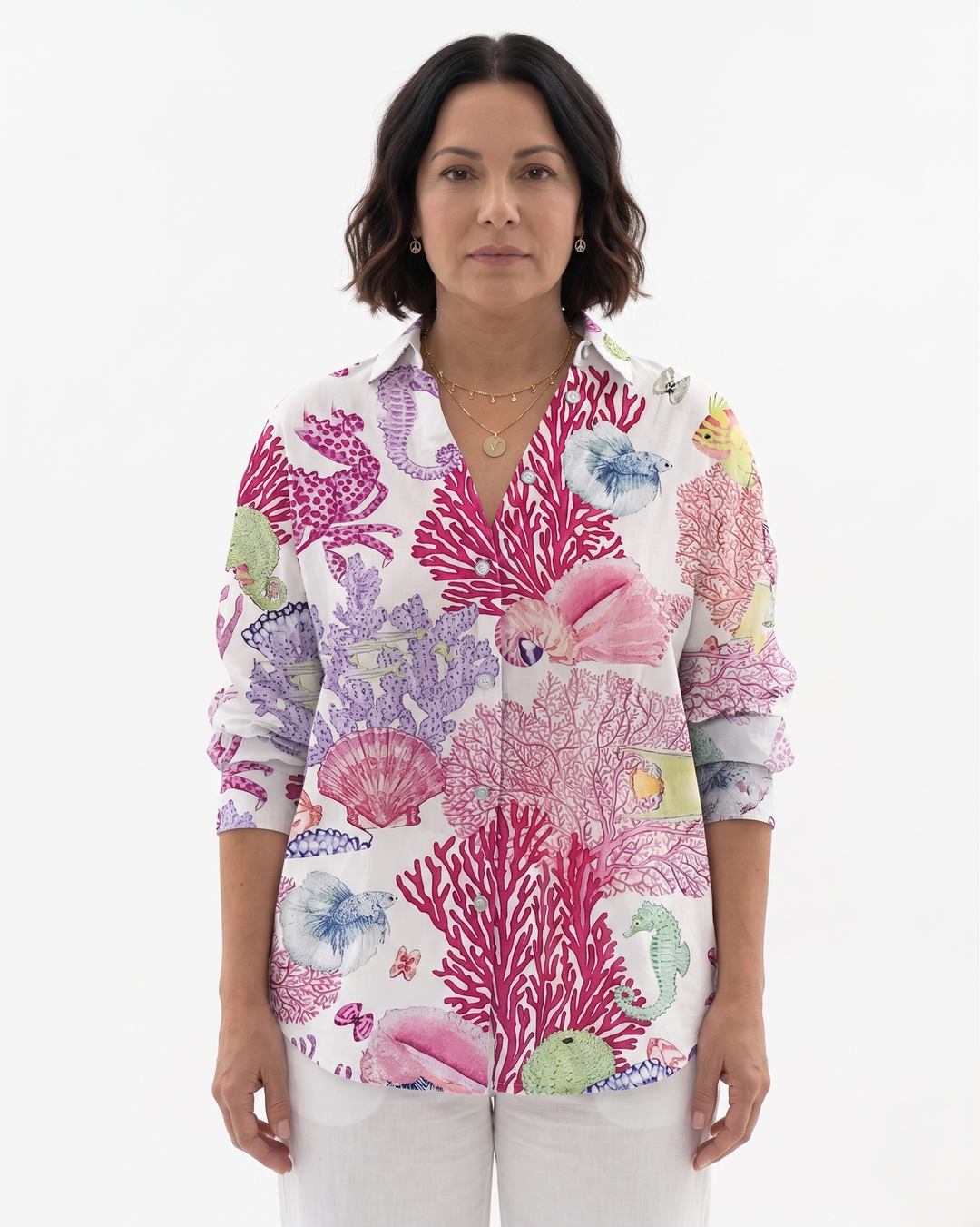 Womens Long Sleeve Shirt Printed Cotton Relaxed Fit - Clovrio