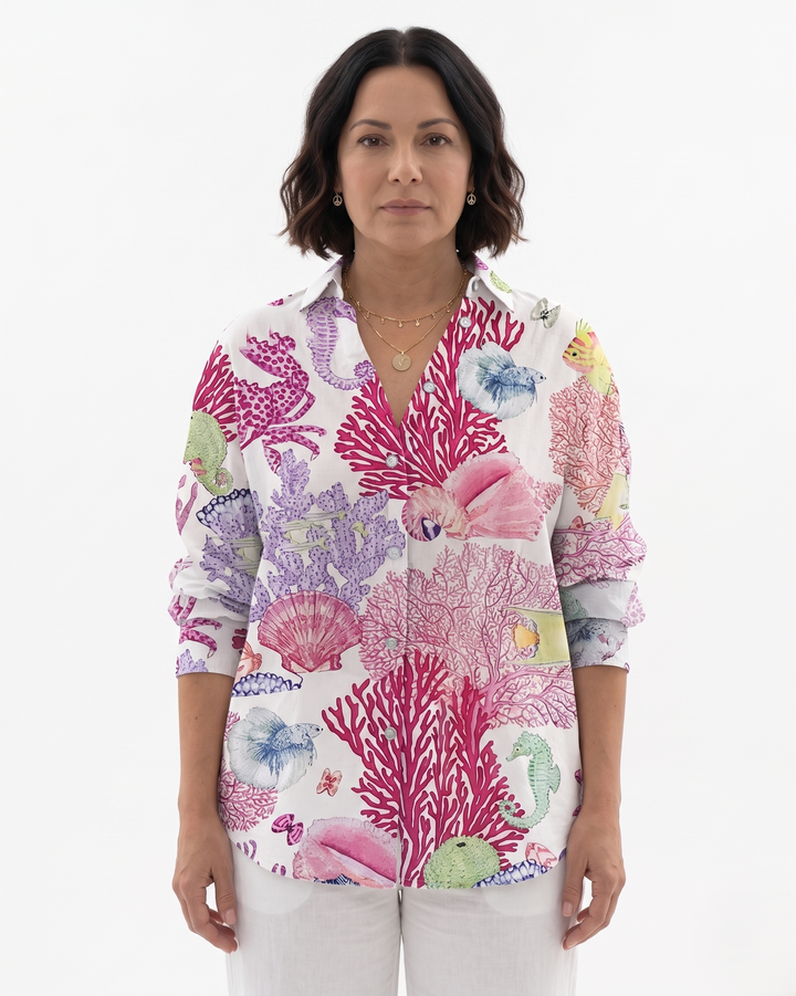 Womens Long Sleeve Shirt Printed Cotton Relaxed Fit - Clovrio