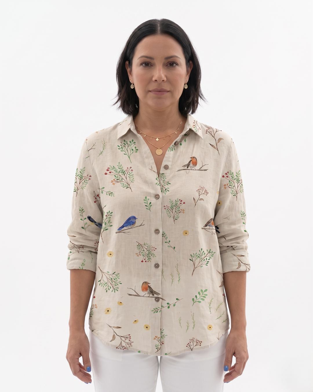 Womens Long Sleeve Shirt Printed Cotton Relaxed Fit