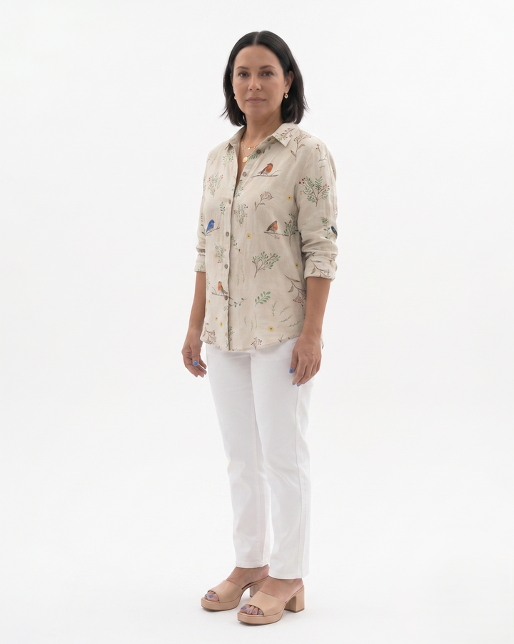 Womens Long Sleeve Shirt Printed Cotton Relaxed Fit