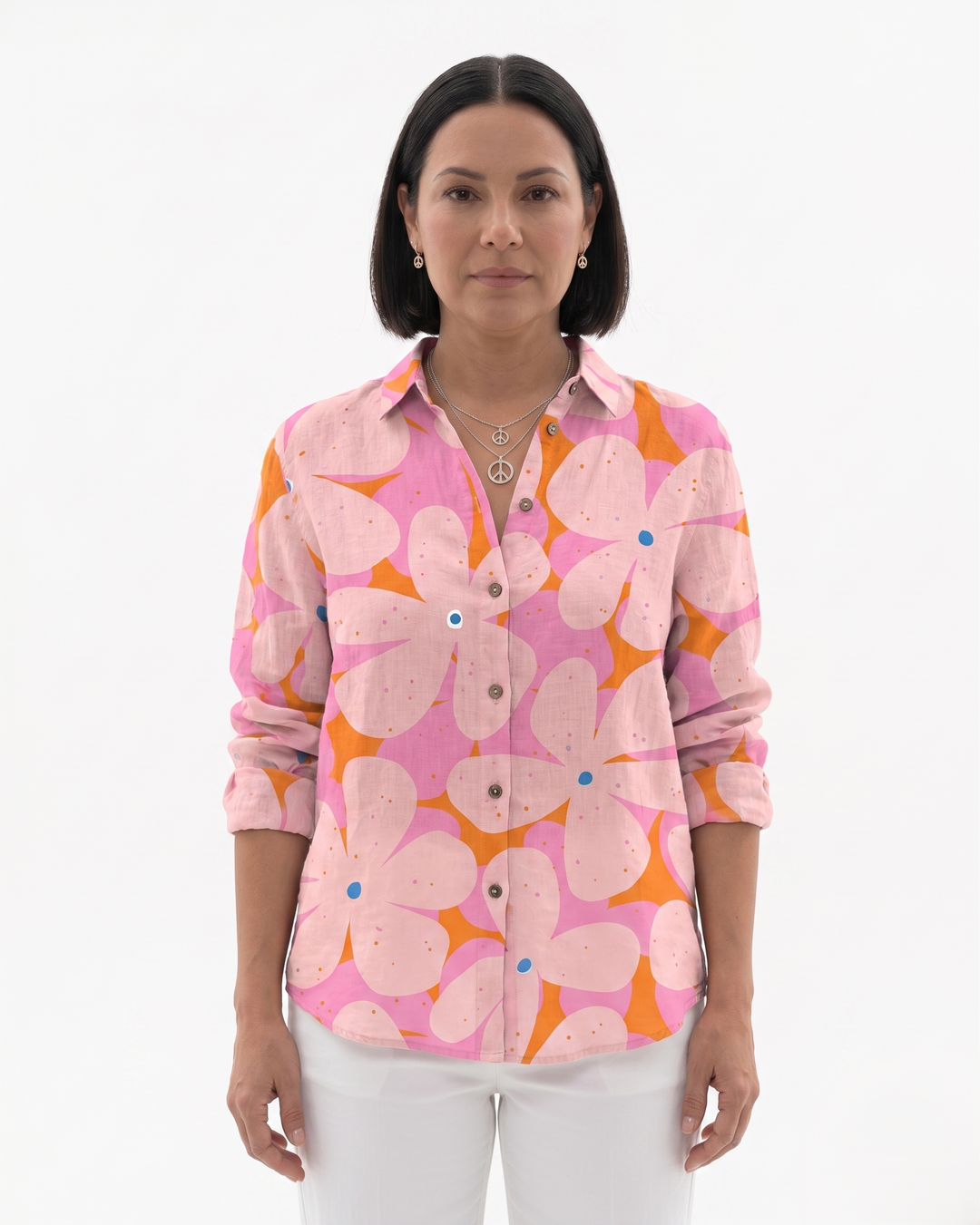 Womens Long Sleeve Shirt Printed Cotton Relaxed Fit