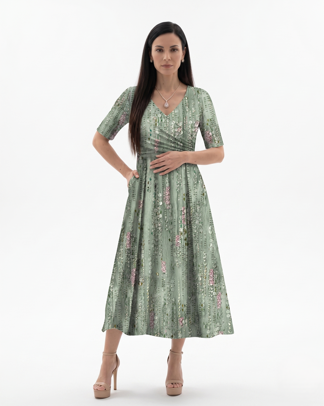 Womens Midi Dress Ruched Waist Printed