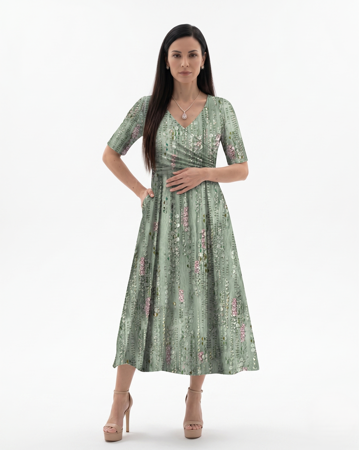 Womens Midi Dress Ruched Waist Printed