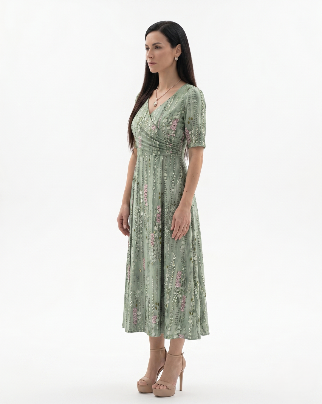 Womens Midi Dress Ruched Waist Printed