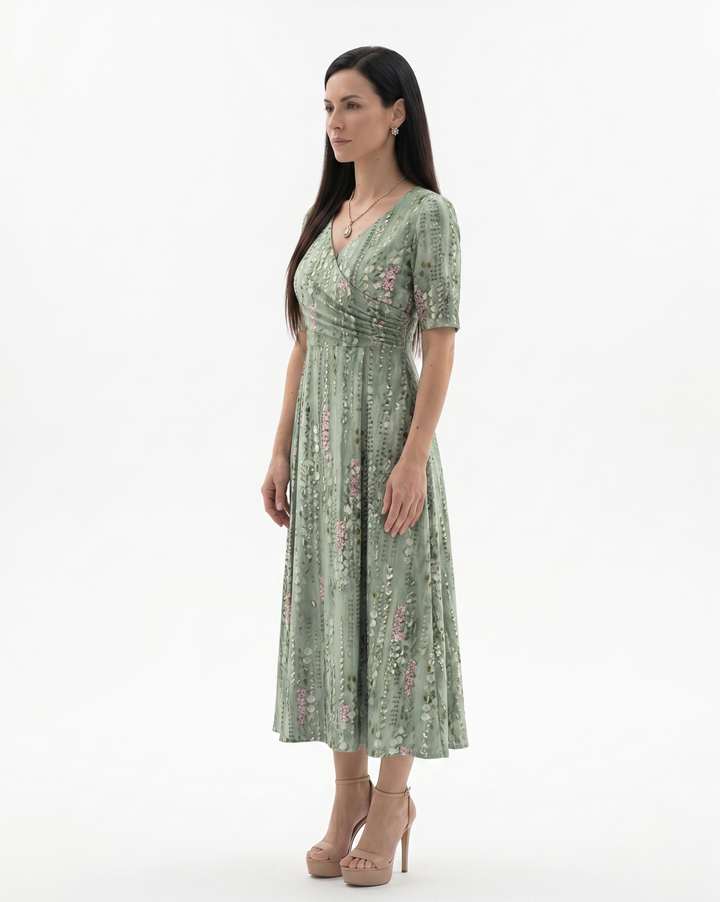 Womens Midi Dress Ruched Waist Printed