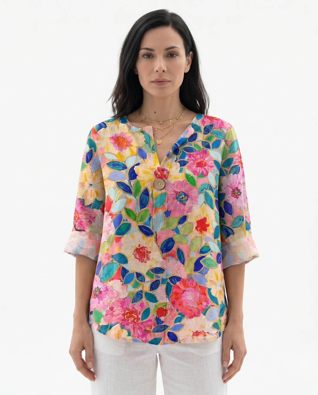 Womens Relaxed Fit Cotton Blouse Floral Pattern - Clovrio