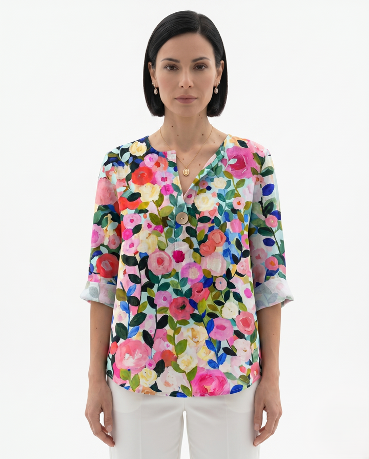 Womens Relaxed Fit Cotton Blouse Floral Pattern
