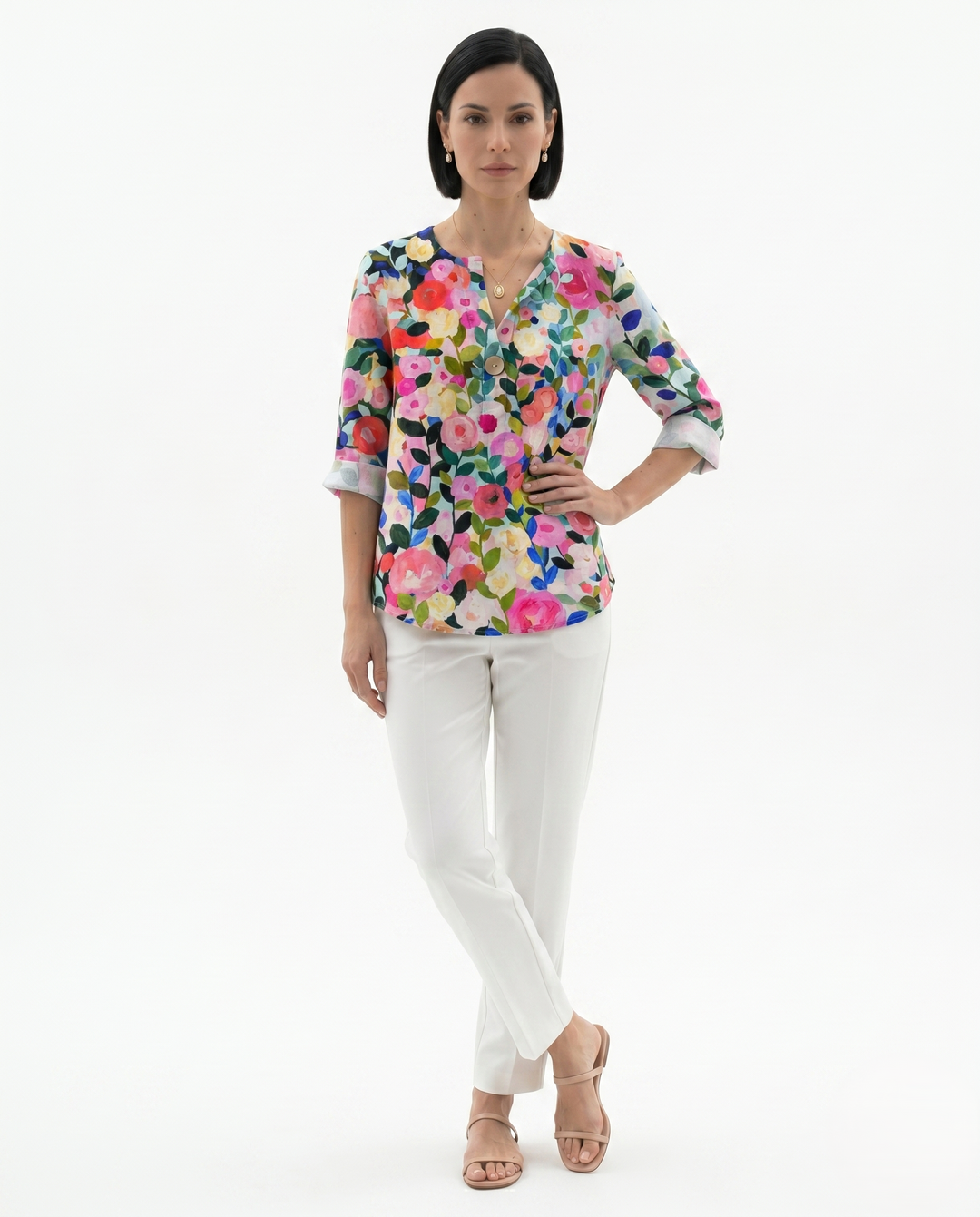 Womens Relaxed Fit Cotton Blouse Floral Pattern
