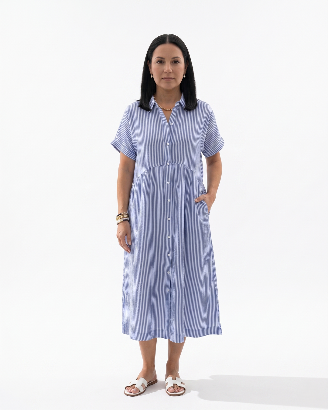 Womens Midi Dress Button Front Relaxed Fit - Clovrio