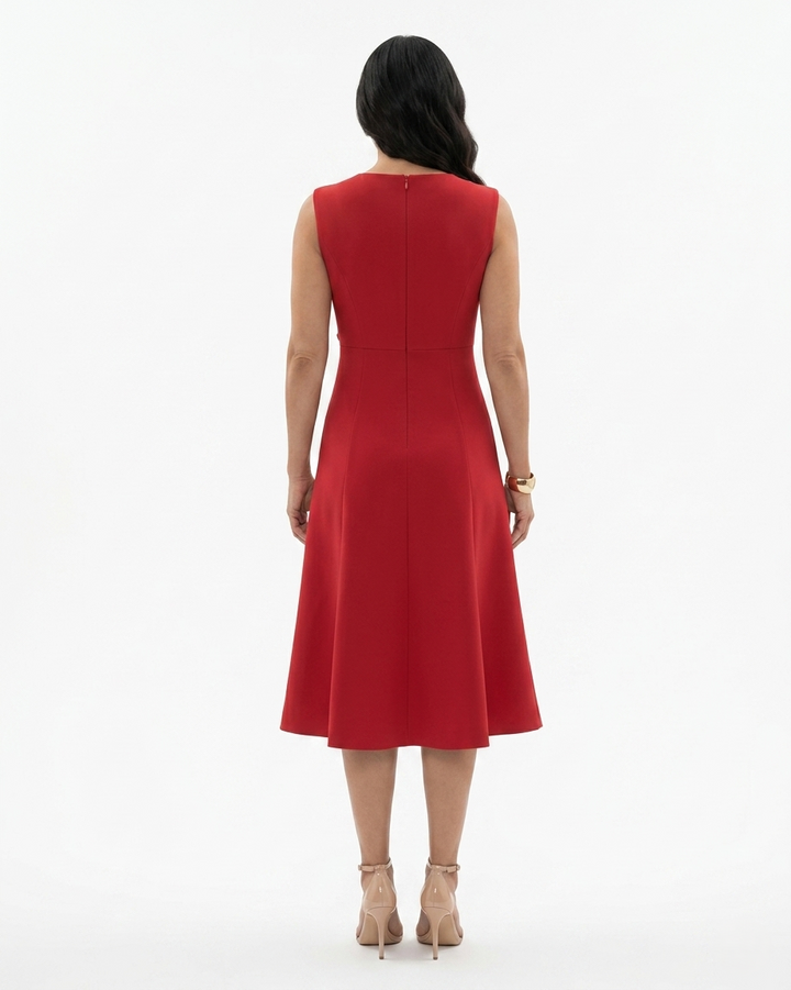 Womens Flared Midi Dress Sculpted Waist Fit