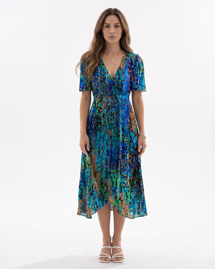 Womens Wrap Tea Dress Sheer Floral Pattern