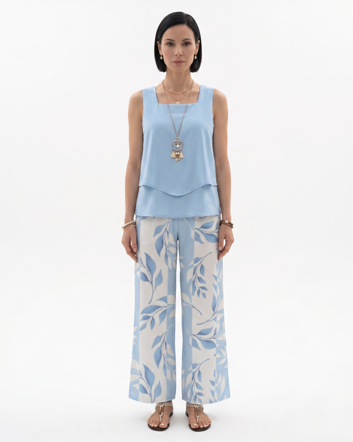 Womens Sleeveless Layered Blouse and Trousers Set Relaxed Fit