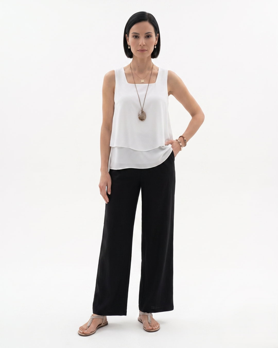 Womens Sleeveless Layered Blouse and Trousers Set Relaxed Fit