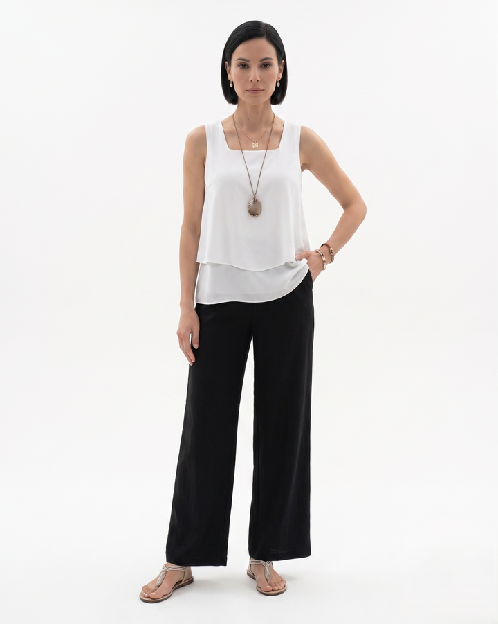 Womens Sleeveless Layered Blouse and Trousers Set Relaxed Fit
