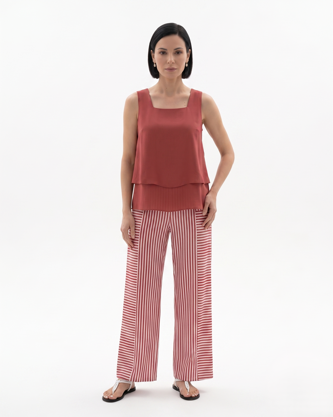 Womens Sleeveless Layered Blouse and Trousers Set Relaxed Fit