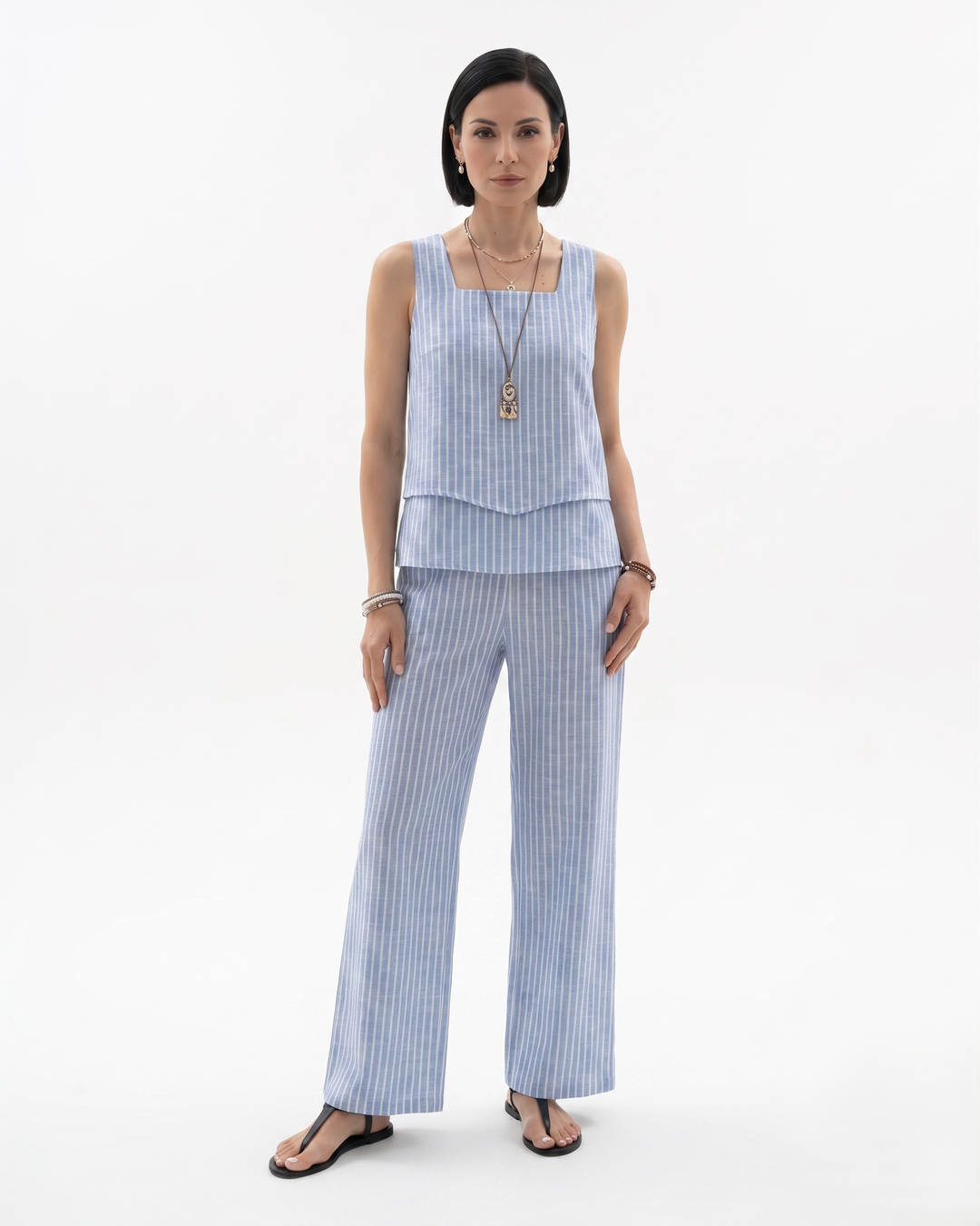 Womens Sleeveless Layered Blouse and Trousers Set Relaxed Fit - Clovrio