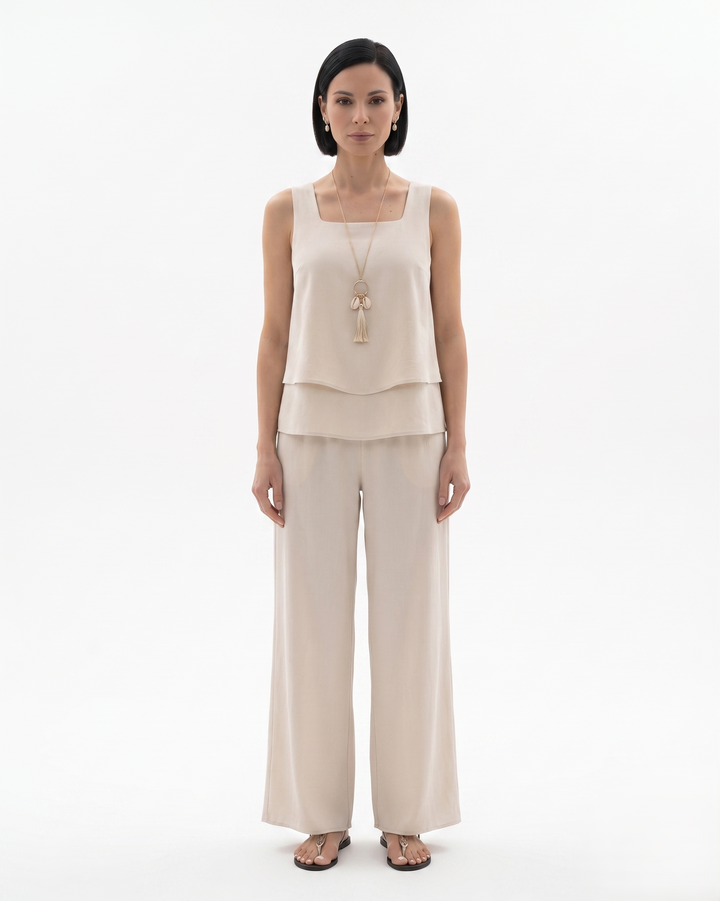 Womens Sleeveless Layered Blouse and Trousers Set Relaxed Fit