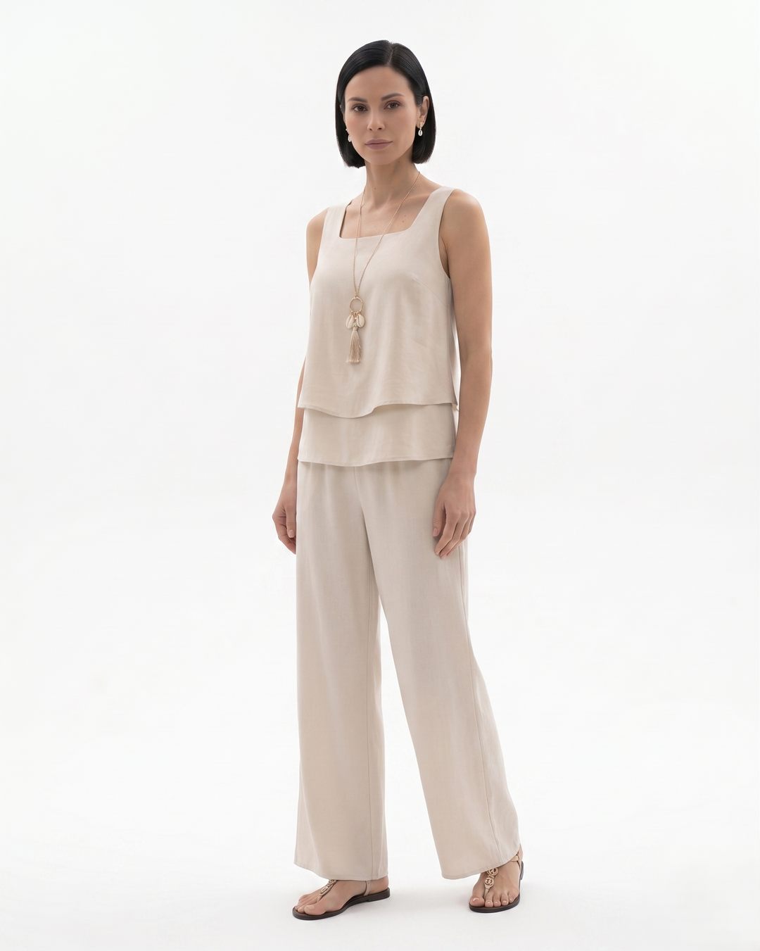 Womens Sleeveless Layered Blouse and Trousers Set Relaxed Fit