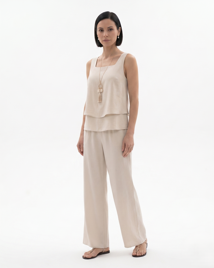 Womens Sleeveless Layered Blouse and Trousers Set Relaxed Fit