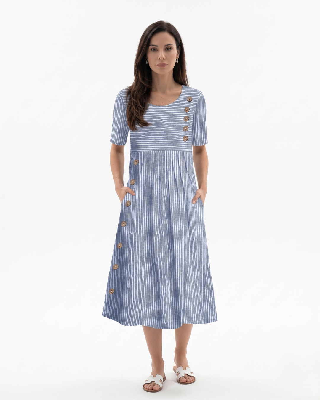 Womens Midi Dress with Buttons Striped Pattern - Clovrio