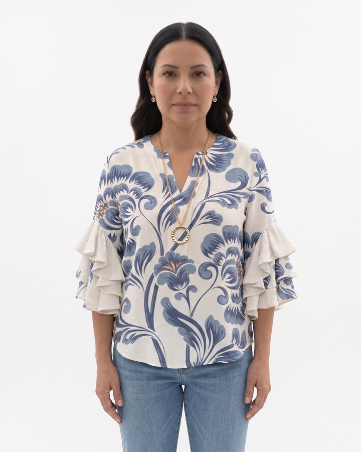 Womens Blouse Textured Fabric Ruffle Sleeve
