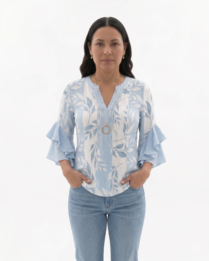 Womens Blouse Textured Fabric Ruffle Sleeve