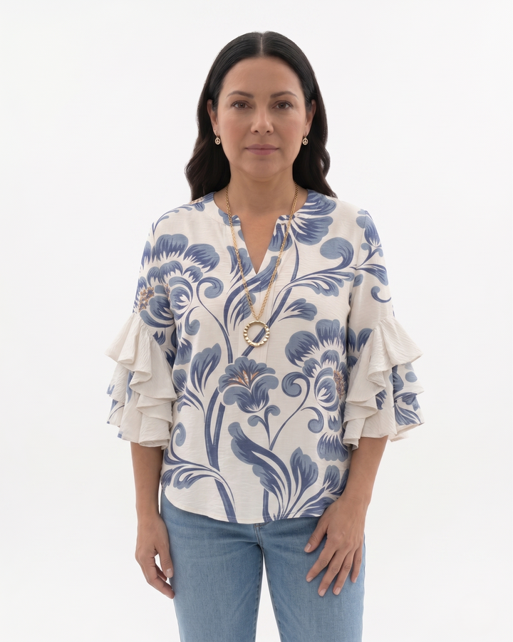 Womens Blouse Textured Fabric Ruffle Sleeve - Clovrio