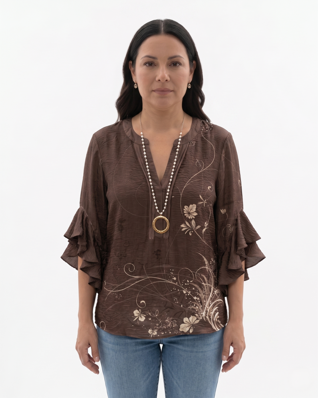 Womens Blouse Textured Fabric Ruffle Sleeve