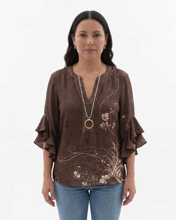 Womens Blouse Textured Fabric Ruffle Sleeve
