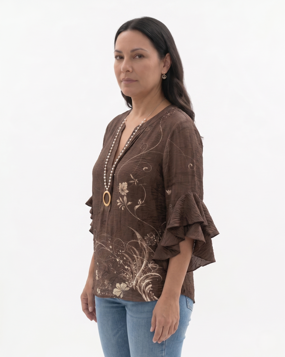Womens Blouse Textured Fabric Ruffle Sleeve