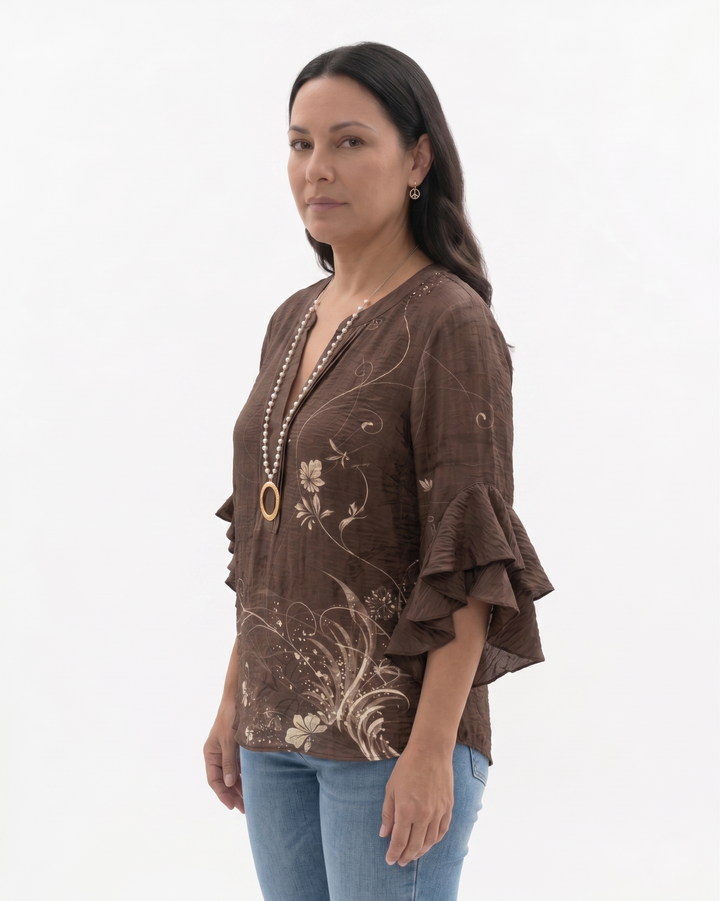 Womens Blouse Textured Fabric Ruffle Sleeve