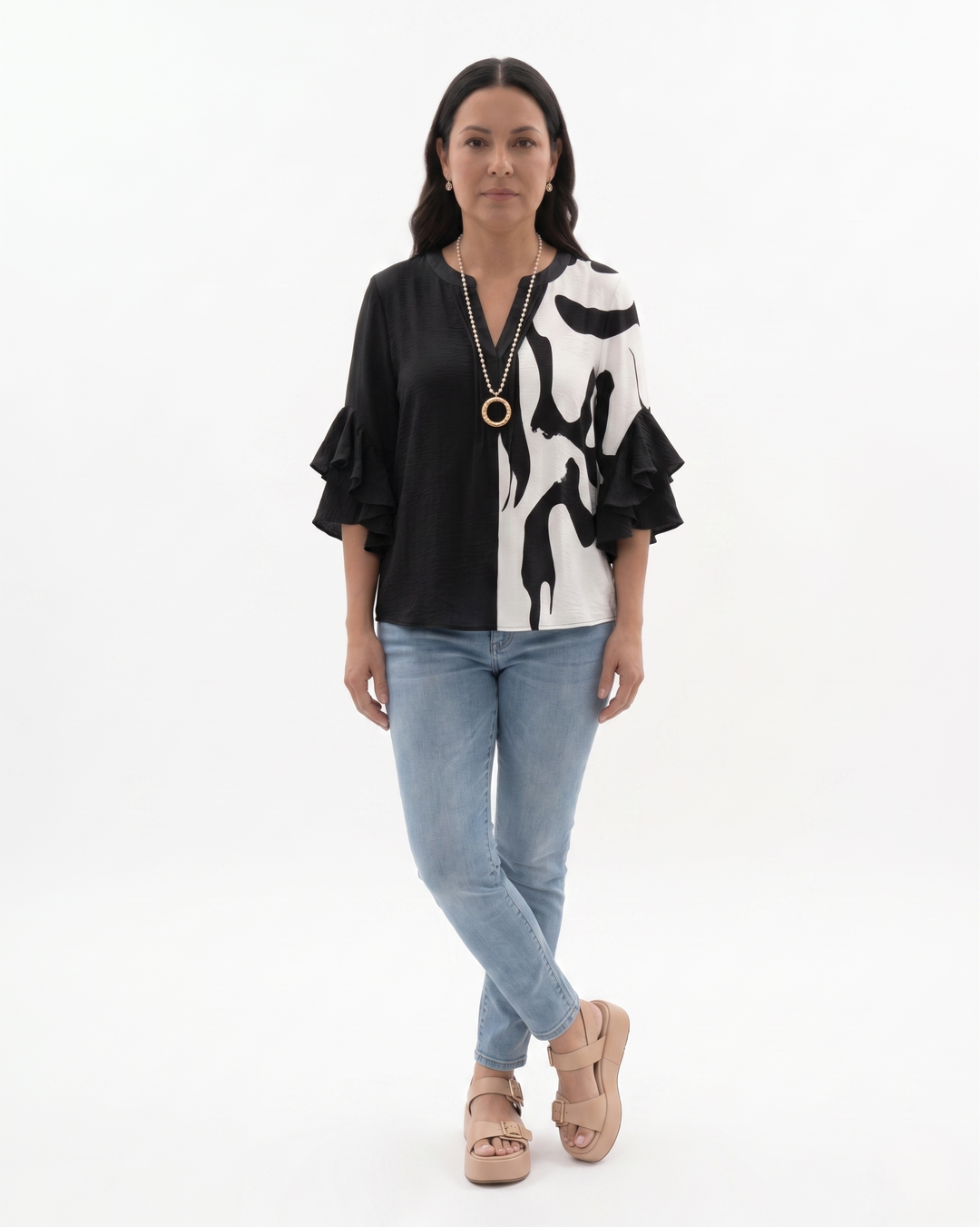 Womens Blouse Textured Fabric Ruffle Sleeve
