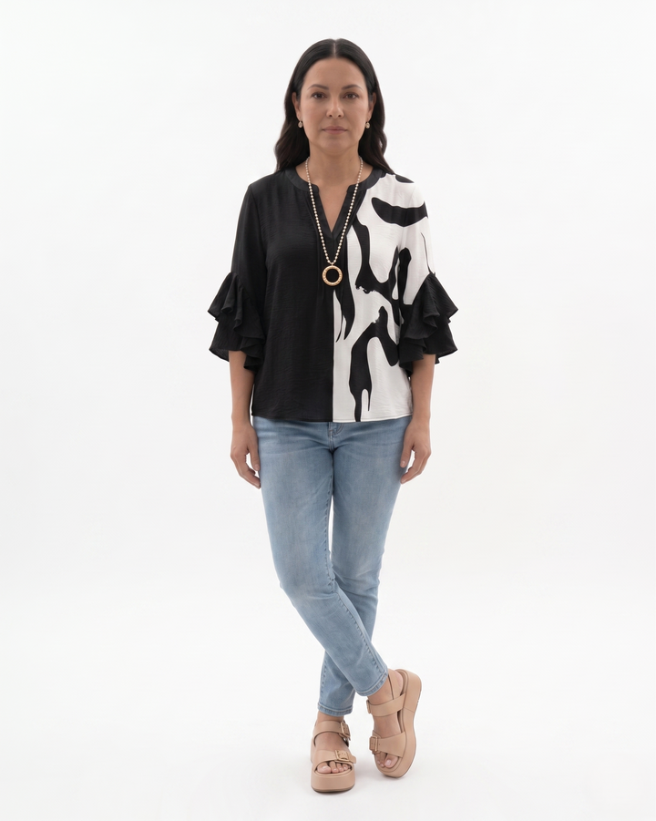 Womens Blouse Textured Fabric Ruffle Sleeve