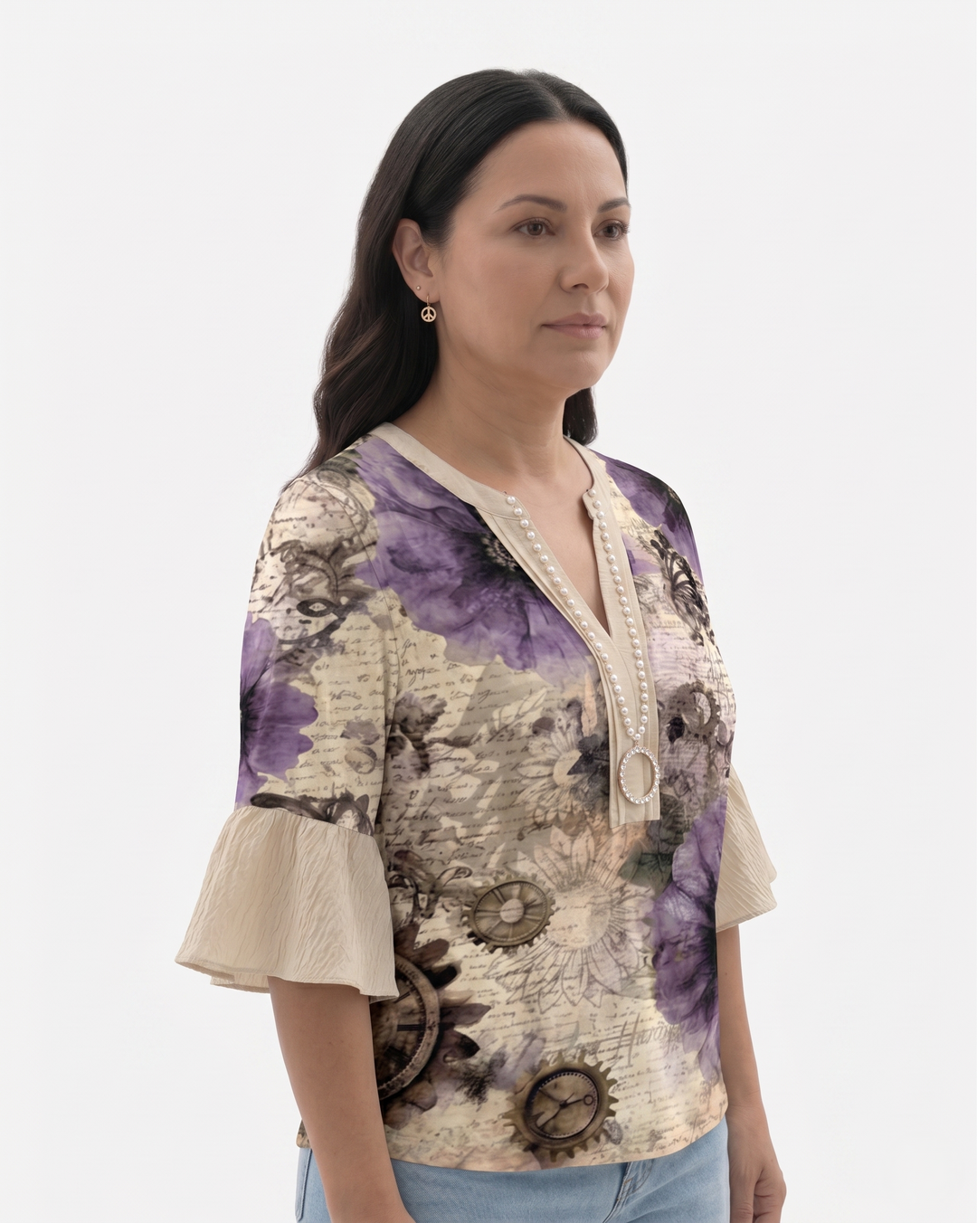 Womens Blouse Textured Fabric Ruffle Sleeve
