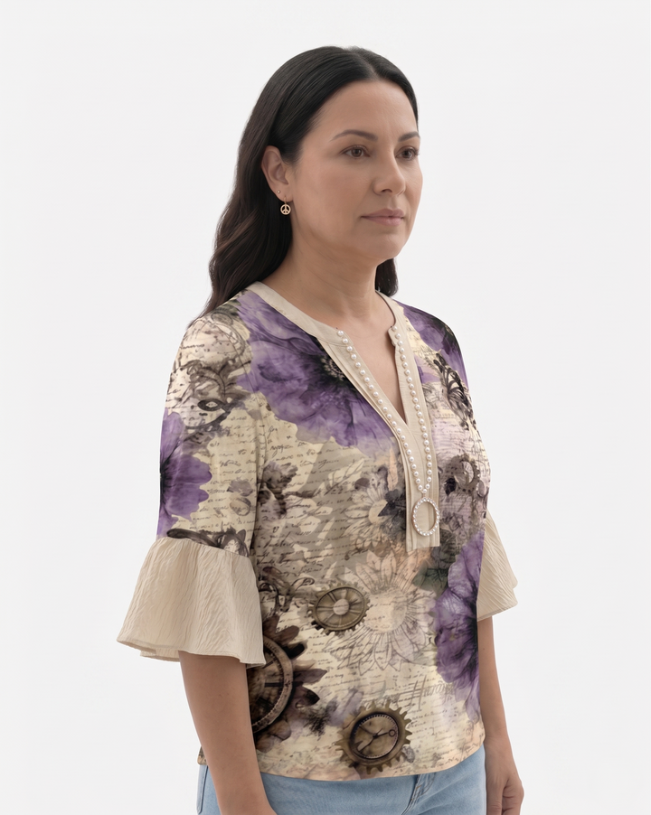 Womens Blouse Textured Fabric Ruffle Sleeve