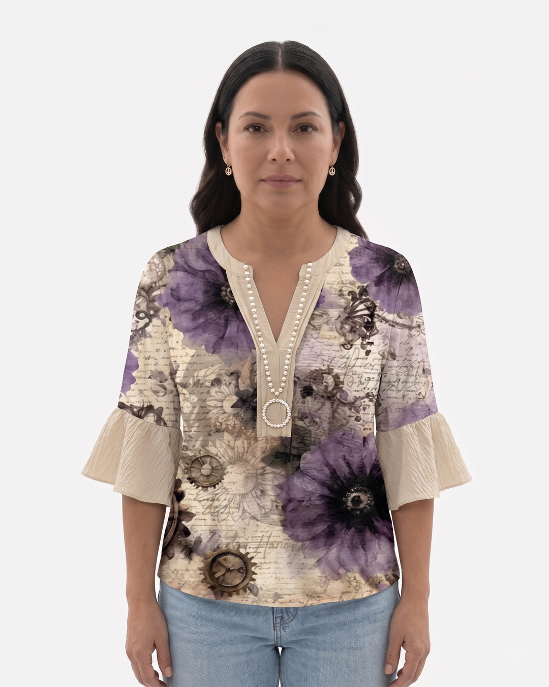 Womens Blouse Textured Fabric Ruffle Sleeve