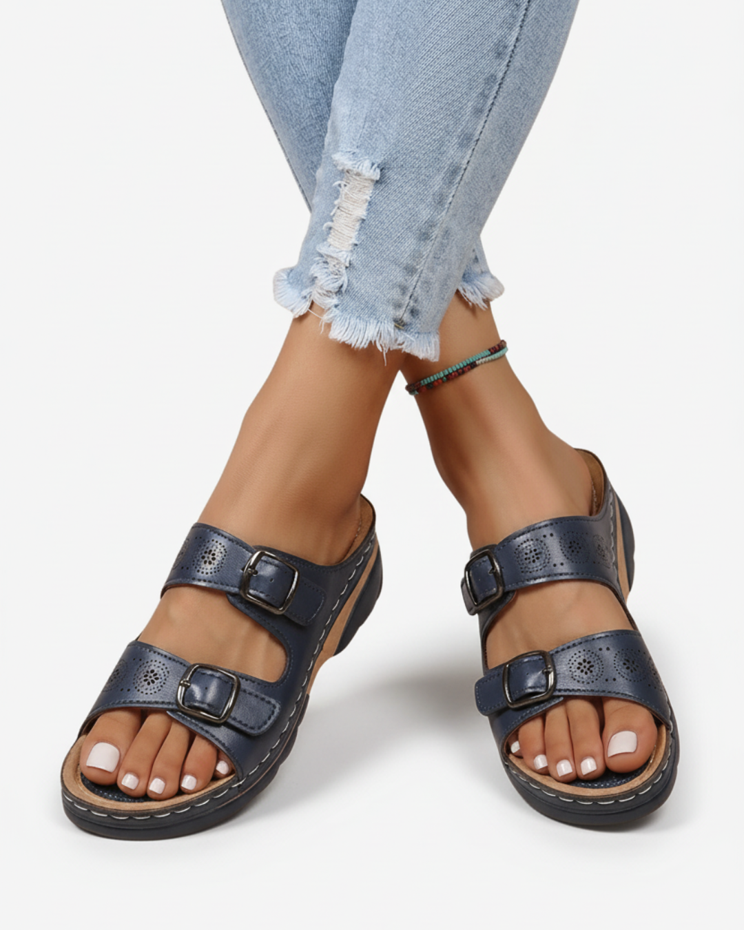 Womens Slide Sandals Low Wedge Double Buckle Open Toe