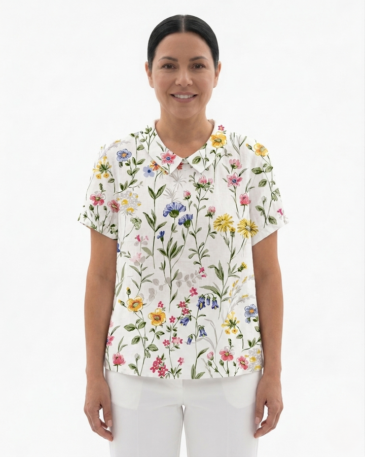 Womens Collared Blouse Floral Print Lightweight