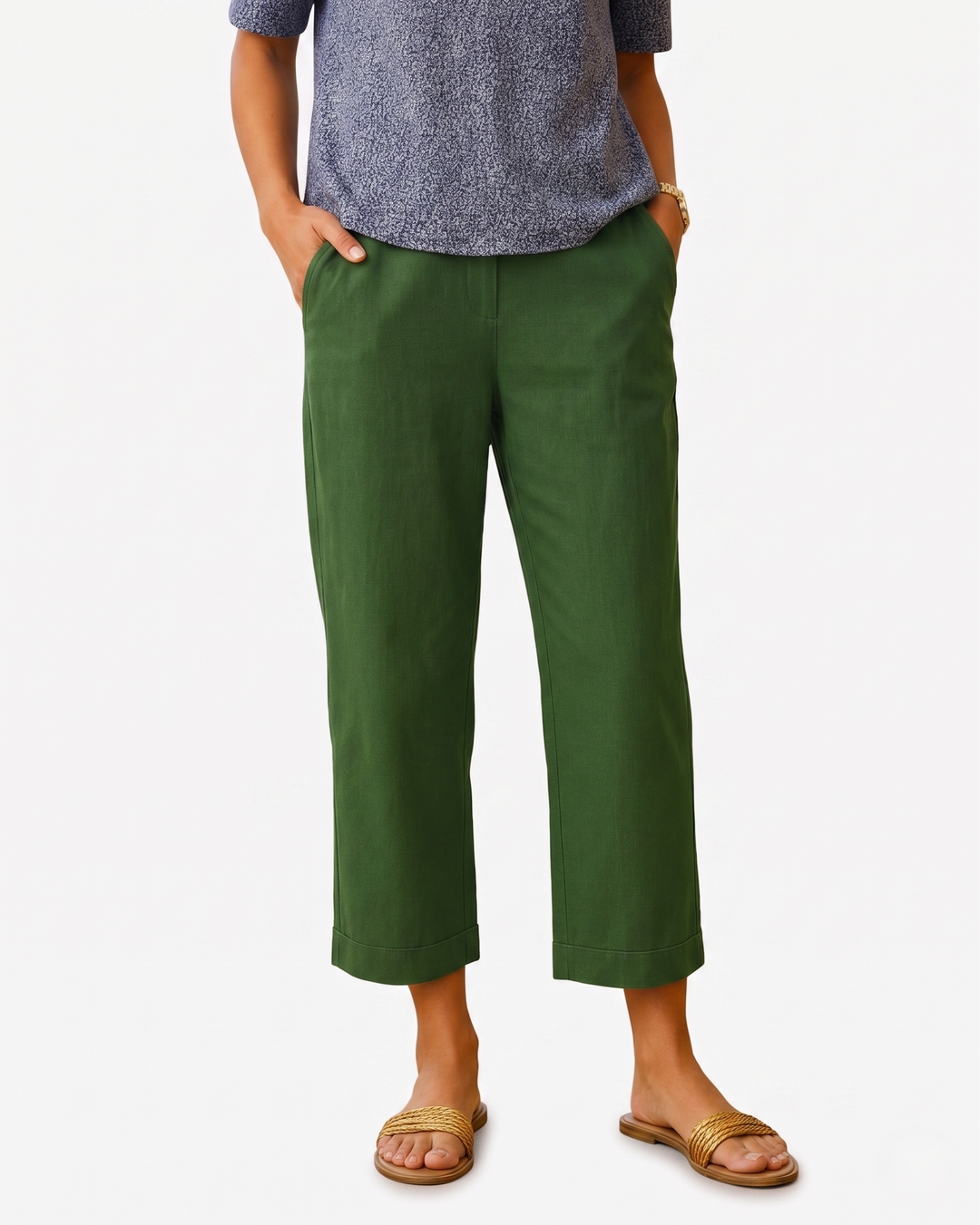 Womens Cropped Trousers Linen Blend Relaxed Fit - Clovrio
