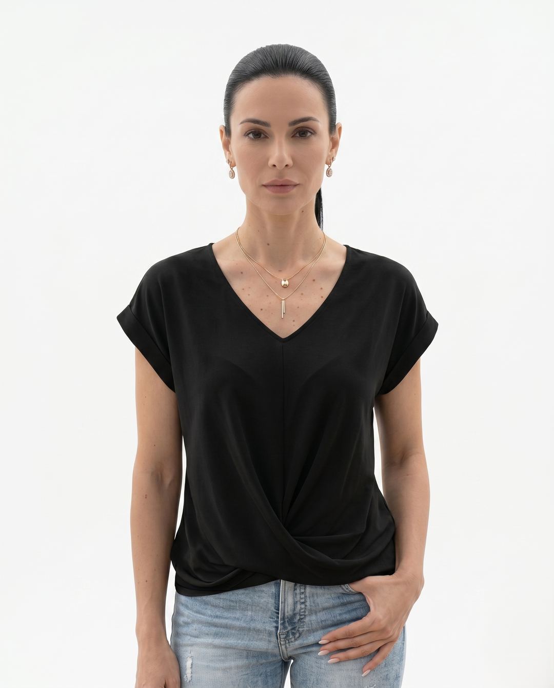 Womens Draped Blouse with V-Neck and Twist Front - Clovrio