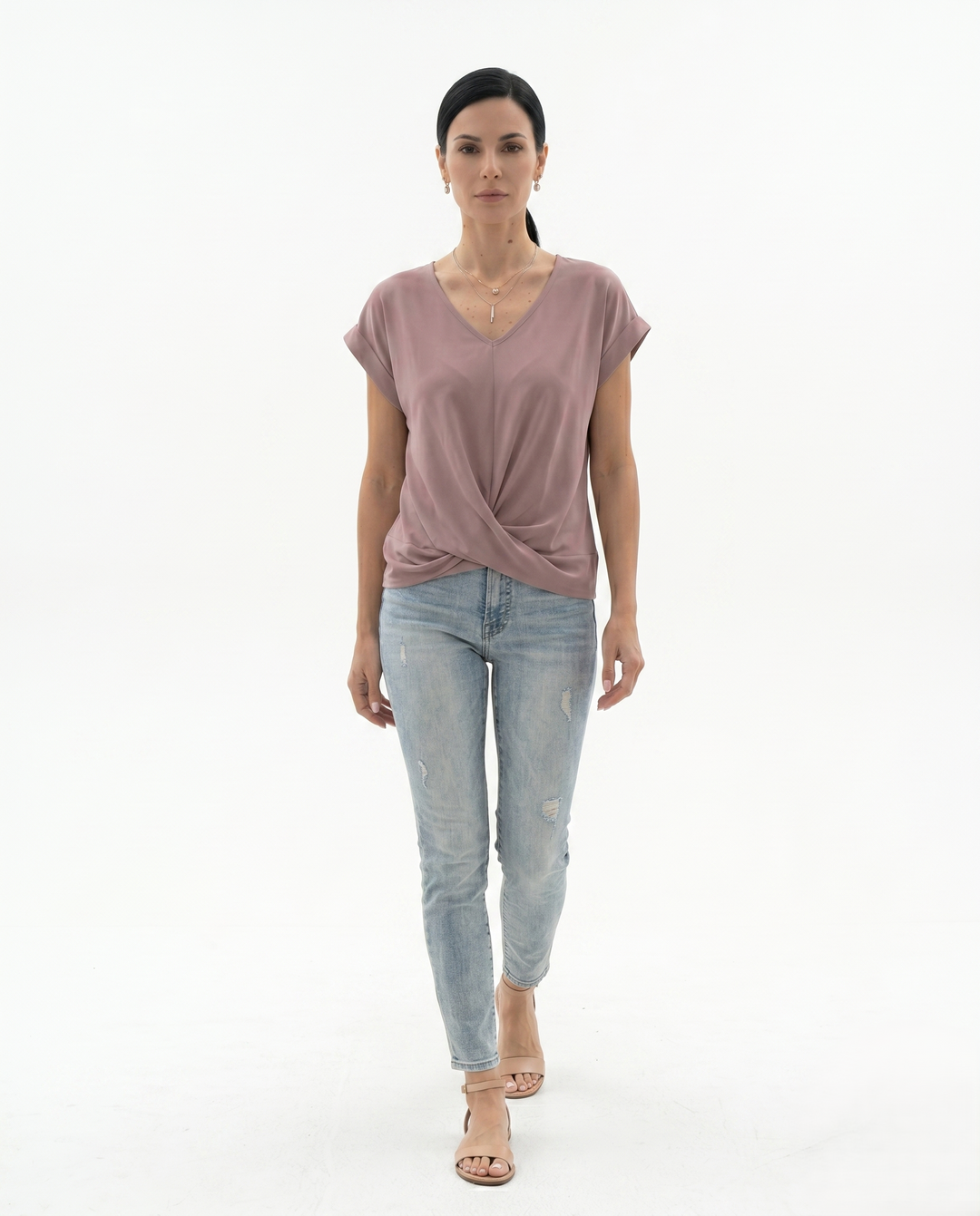 Womens Draped Blouse with V-Neck and Twist Front
