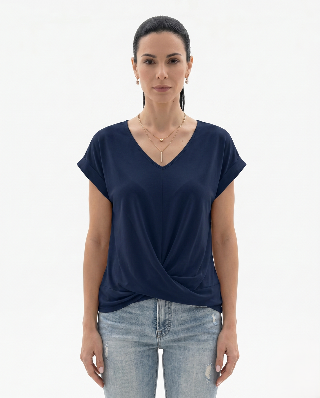 Womens Draped Blouse with V-Neck and Twist Front