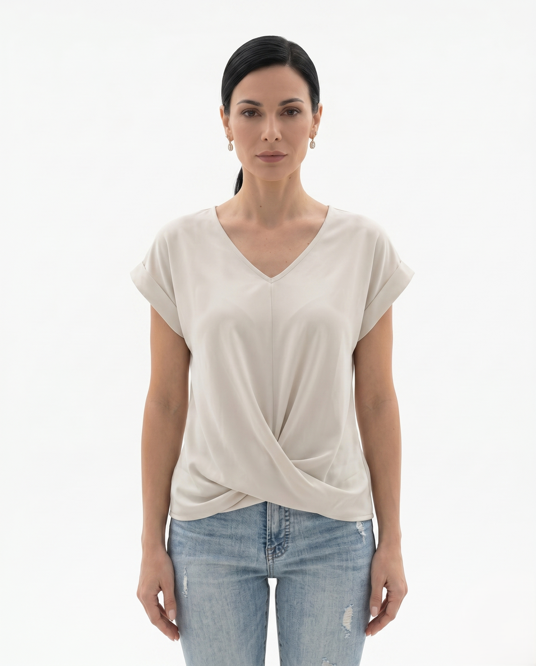 Womens Draped Blouse with V-Neck and Twist Front