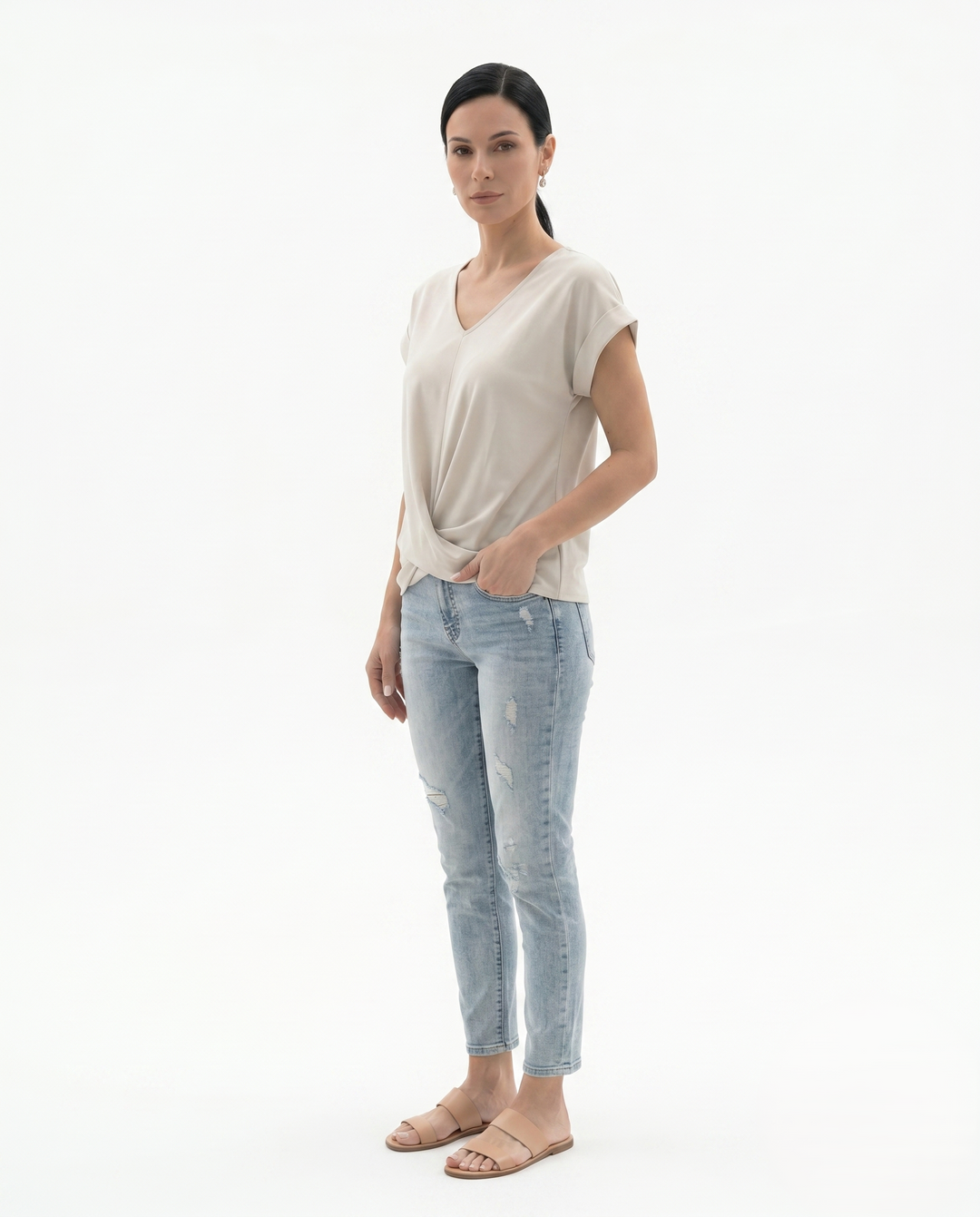 Womens Draped Blouse with V-Neck and Twist Front