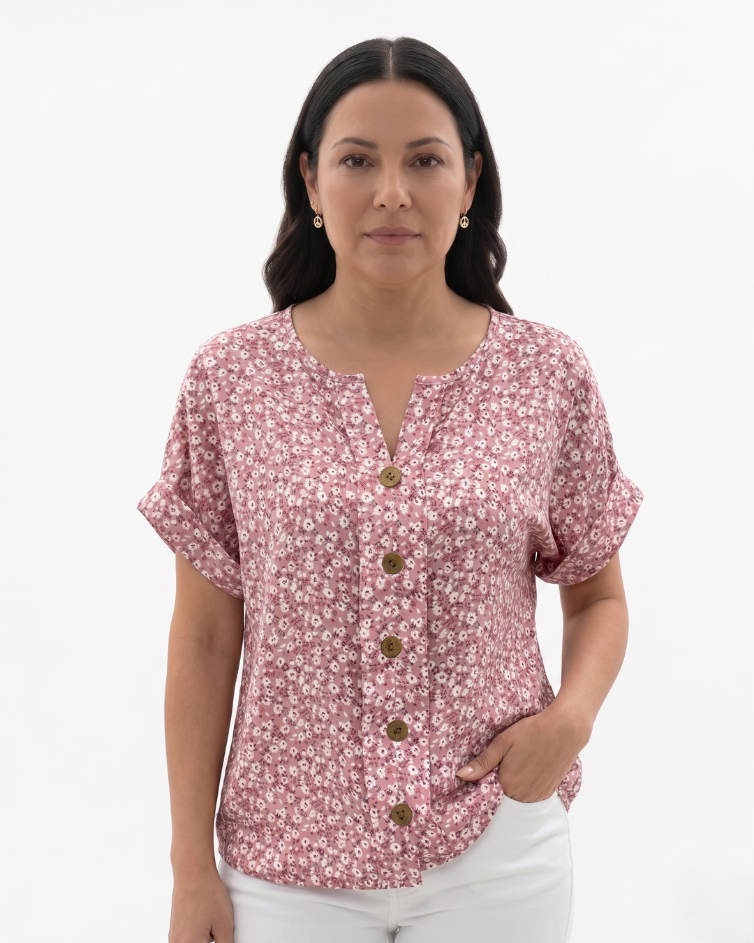 Womens Blouse Notch Neck Floral Pattern - Clovrio