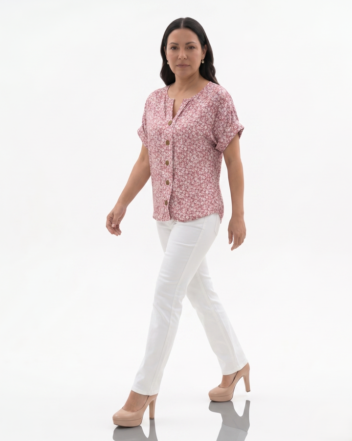 Womens Blouse Notch Neck Floral Pattern